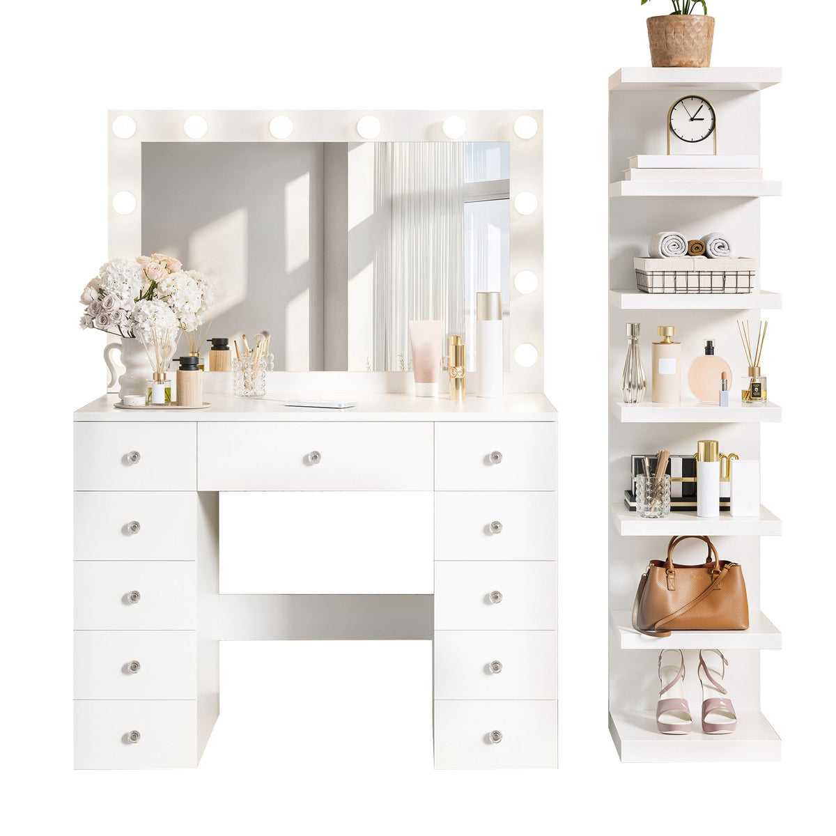 Roomfitters White Makeup Vanity Desk with 11 Hollywood LED Bulbs 7-Tier Side Storage Display Shelves and 11 Drawers Roomfitters