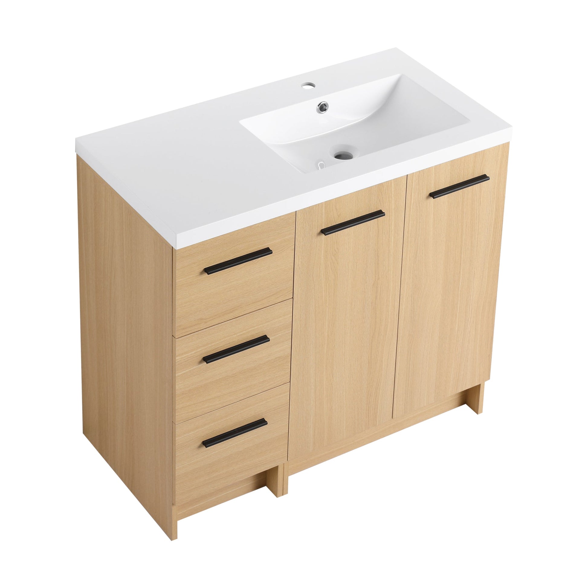 36" Modular Freestanding Bathroom Vanity with 36" Resin Sink Top, Light Oak, 2-Piece Cabinet (24" 2-Door + 12" 3-Drawer), KD Cabinet, Includes Black & Brushed Aluminum Handles Roomfitters