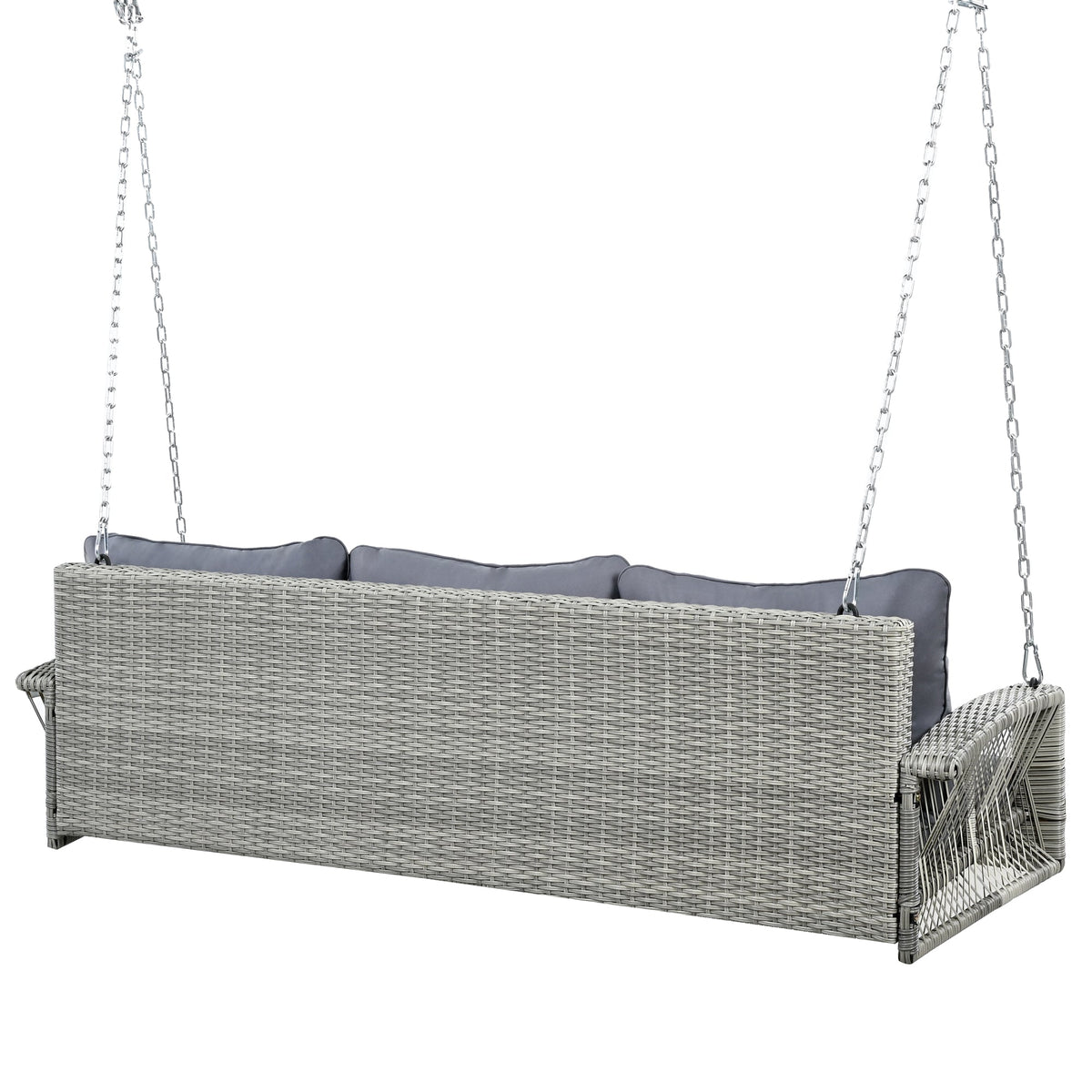 Roomfitters 69" PE Wicker 3-Person Porch Swing, Large Patio Swing Bench with Chains & Cushions, Backyard & Garden, Gray Roomfitters
