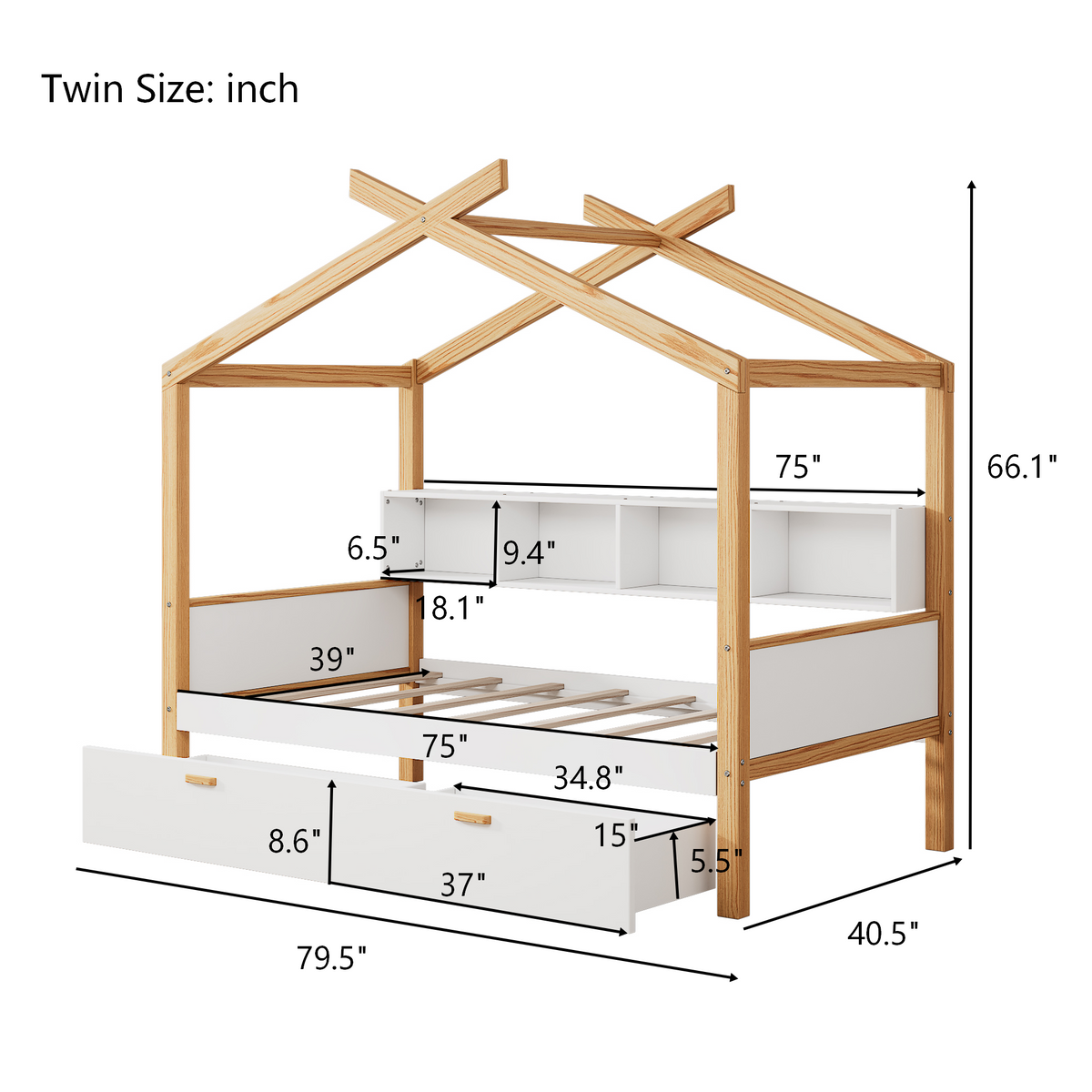 variant-group:rf-n701p443466k|Roomfitters Twin Size Wooden House Bed Frame with 2 Drawers, Bookshelf Storage Furniture, No Box Spring, White Natural