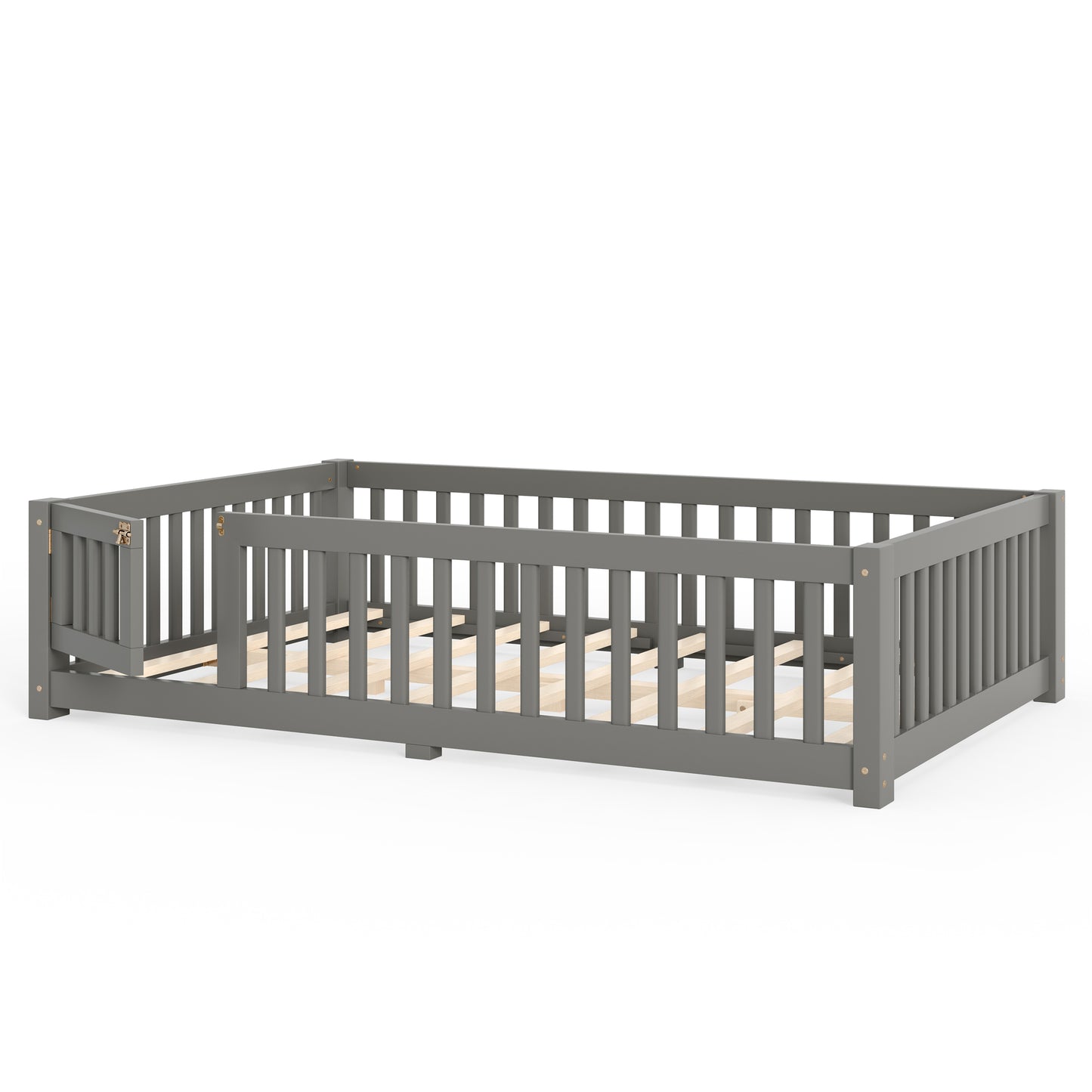 variant-group:rf-w1580p462318|Roomfitters Full Size Wooden Floor Bed Frame with Safety Guardrails Door, Solid Wood Low Profile Toddler Play Bed, Gray