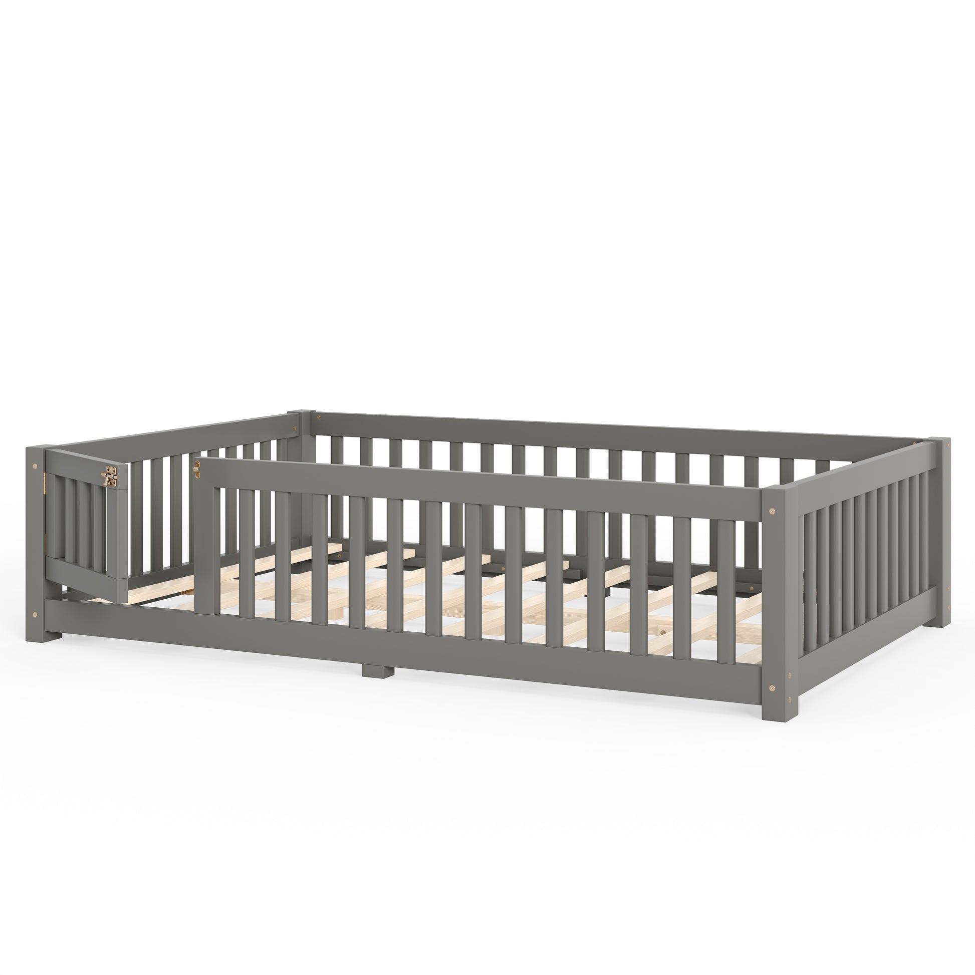 variant-group:rf-w1580p462318|Roomfitters Full Size Wooden Floor Bed Frame with Safety Guardrails Door, Solid Wood Low Profile Toddler Play Bed, Gray