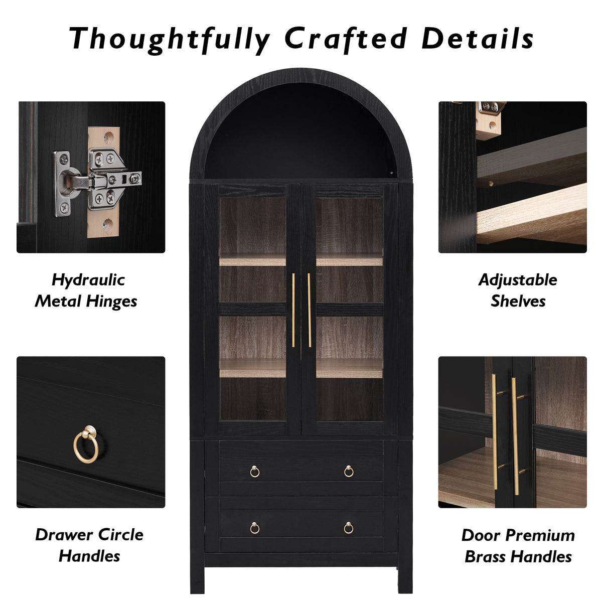 variant-group:rf-n707p288972b|Roomfitters 71" Pantry Cabinet with Arched Top and Glass Doors, 2 Storage Drawers and Adjustable Shelves for Kitchen, Black