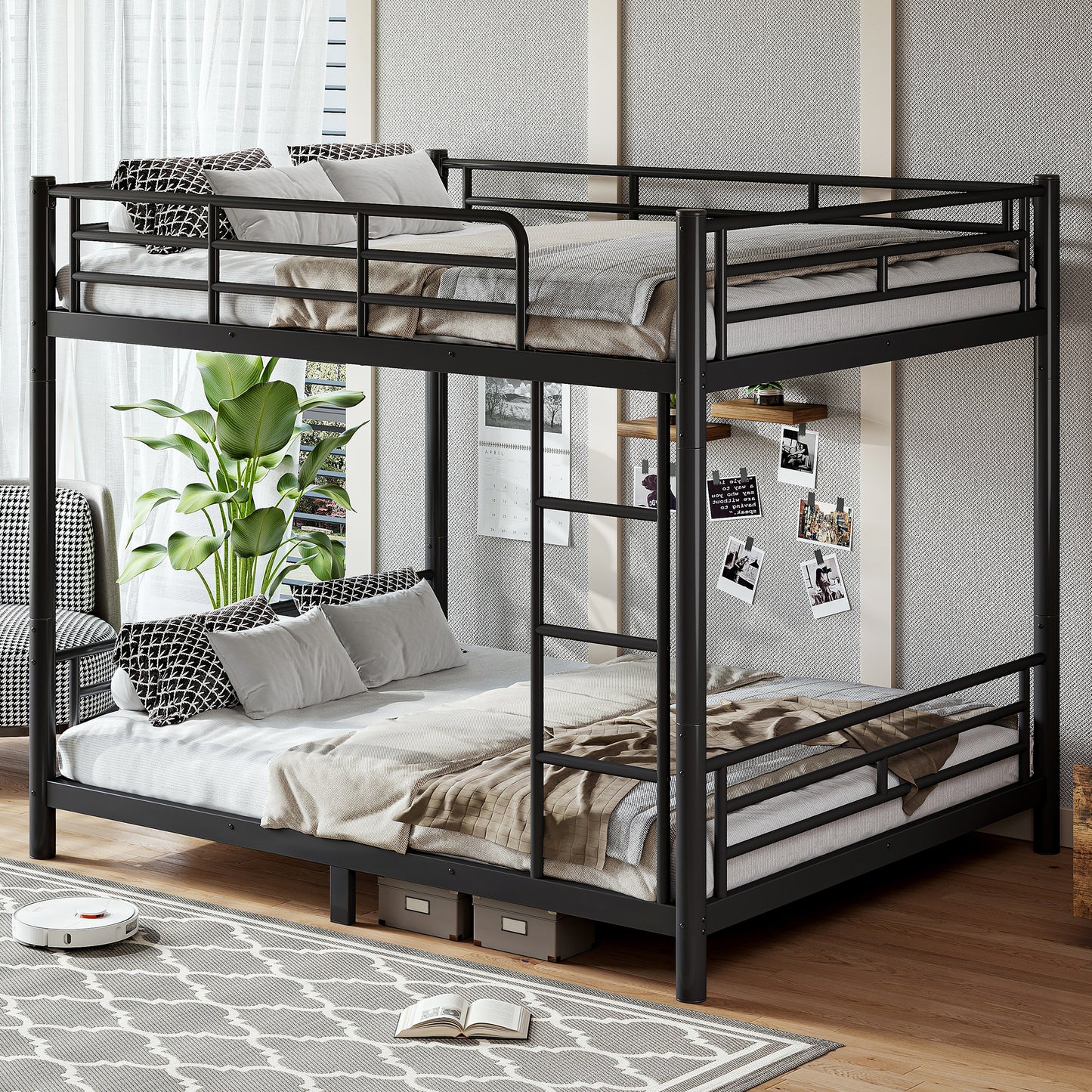 variant-group:rf-w1580s00607|Roomfitters Queen over Queen Metal Bunk Bed Frame for Teens Adults, Convertible 2 Separate Beds Round Tube, Black
