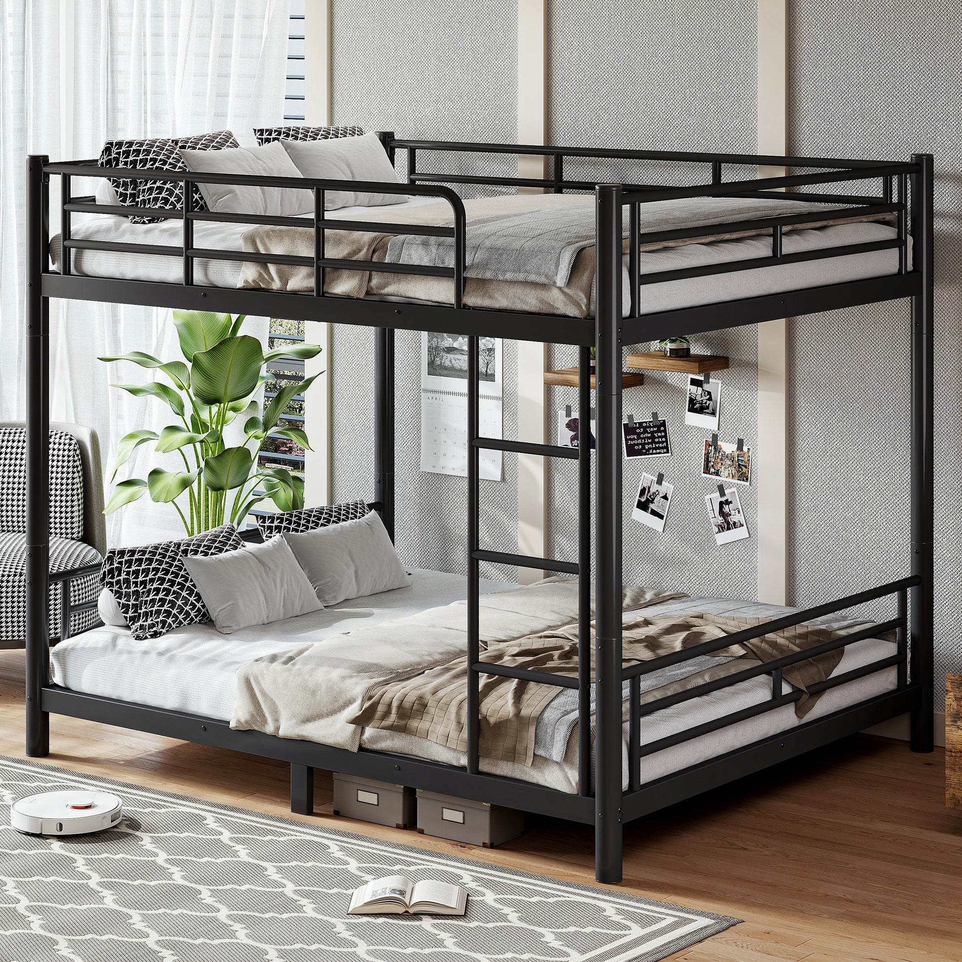 variant-group:rf-w1580s00607|Roomfitters Queen over Queen Metal Bunk Bed Frame for Teens Adults, Convertible 2 Separate Beds Round Tube, Black