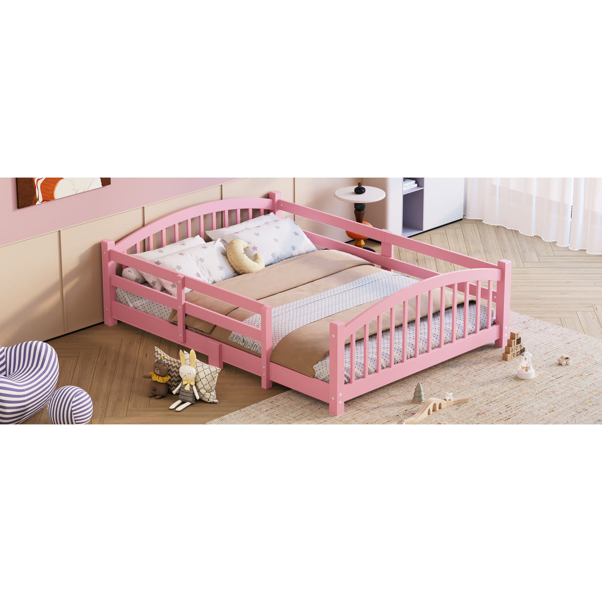 variant-group:rf-n733p400299h|Roomfitters Full Montessori Floor Bed with Guardrails, Solid Wood Low Platform Bed with Slats, Easy Assembly, Pink