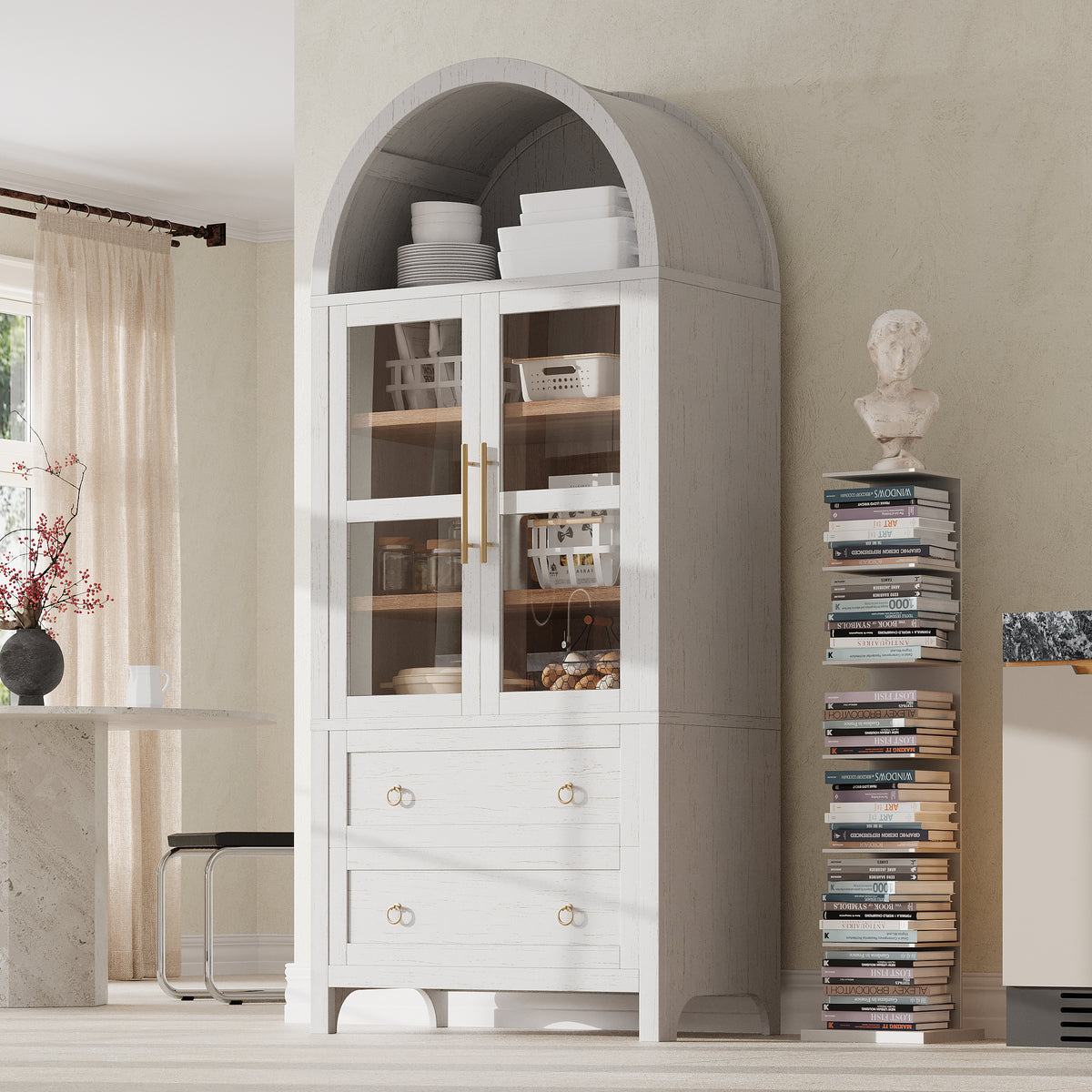 variant-group:rf-n707p288972w|Roomfitters 71" Pantry Cabinet with Arched Top and Glass Doors, 2 Storage Drawers and Adjustable Shelves for Kitchen, White