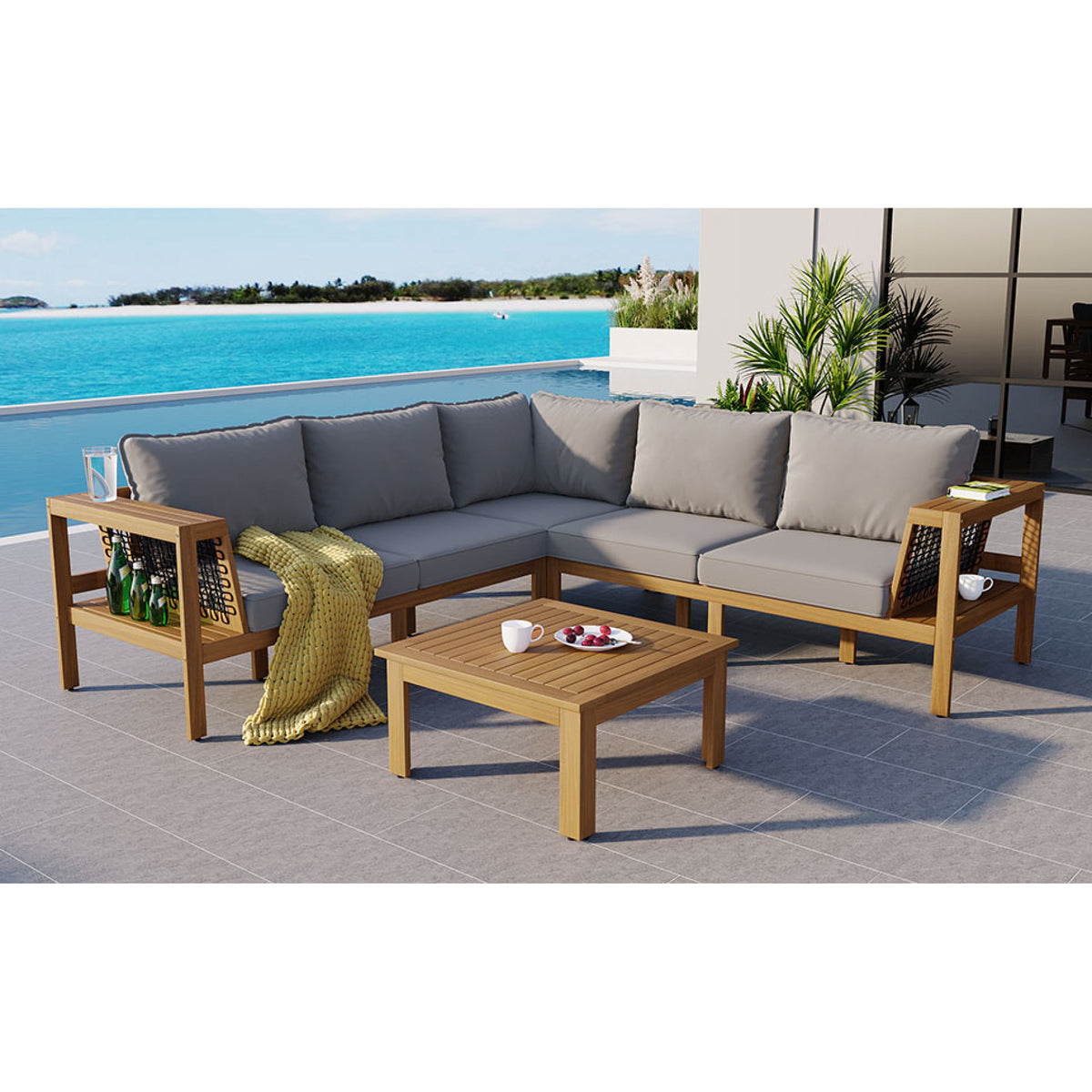variant-group:rf-n704f201249e|Roomfitters 4-Piece Outdoor Sectional Sofa Set with Coffee Table and Built-in Side Shelves, Wood Frame, Gray+Natural