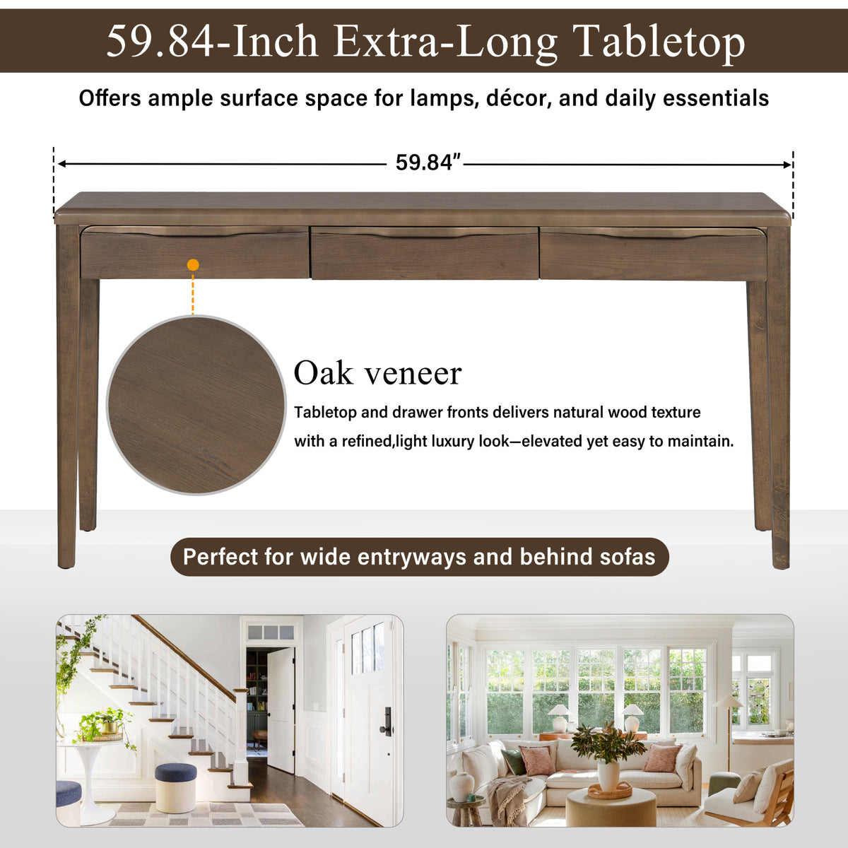 variant-group:rf-n711p401926d|Roomfitters Light Luxury Brown Oak Veneer Console Table with 3 Wavy Curved Drawers and Soft Rounded Corners