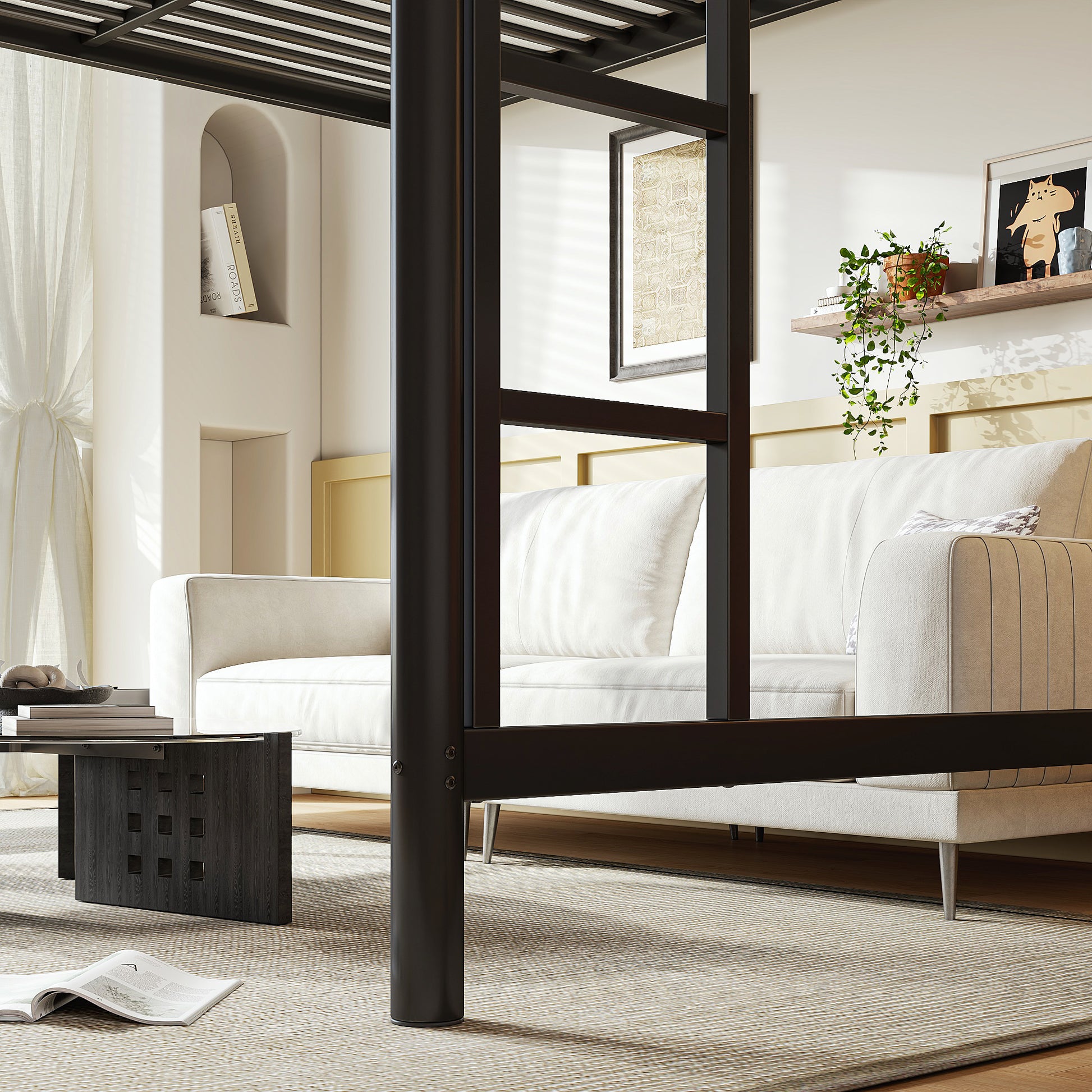 variant-group:rf-w1580p455017|Roomfitters Queen Size Metal Loft Bed Frame with Guardrails, Heavy Duty Space Saving High Loft Bed Dual Ladders, Black