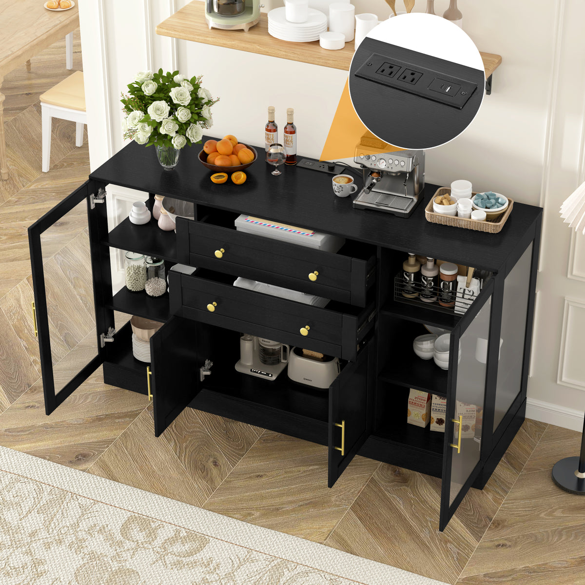 variant-group:rf-n711p437648b|Roomfitters Contemporary Black Melamine MDF Buffet Sideboard Storage Cabinet Acrylic Doors Dining Room Kitchen Console