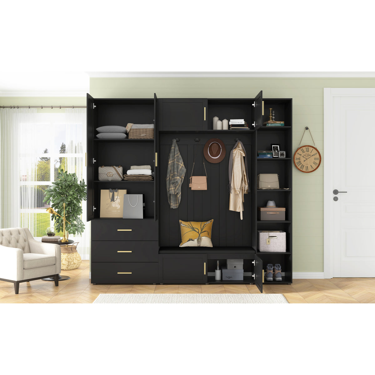 variant-group:rf-n724sj000167aab|Roomfitters American Style Extra-Wide Hall Tree with Padded Cushion Seat, Antique Black