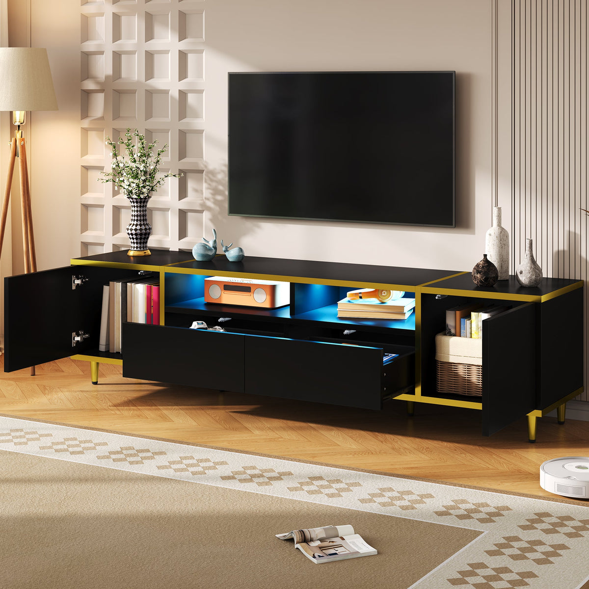 Roomfitters Modern TV Stand for up to 80 Inch TV, Entertainment Console with LED Shelves, Drawers and Cabinets, Black Roomfitters
