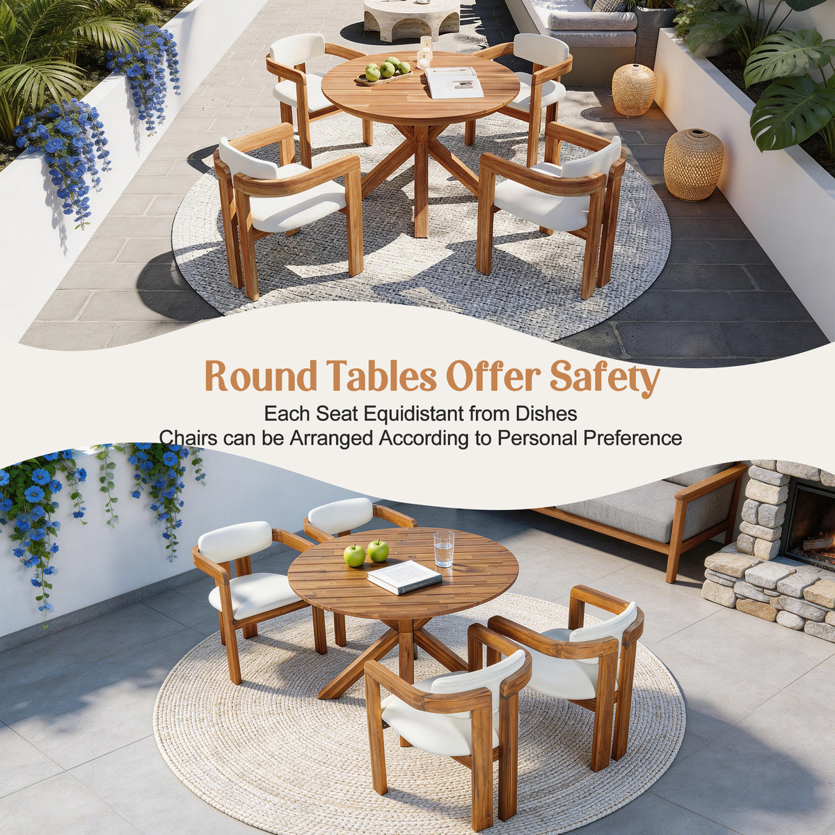 variant-group:rf-n704g201258a|Roomfitters 5-Piece Outdoor Acacia Wood Round Dining Set with Ergonomic Barrel Armchairs Beige Cushions