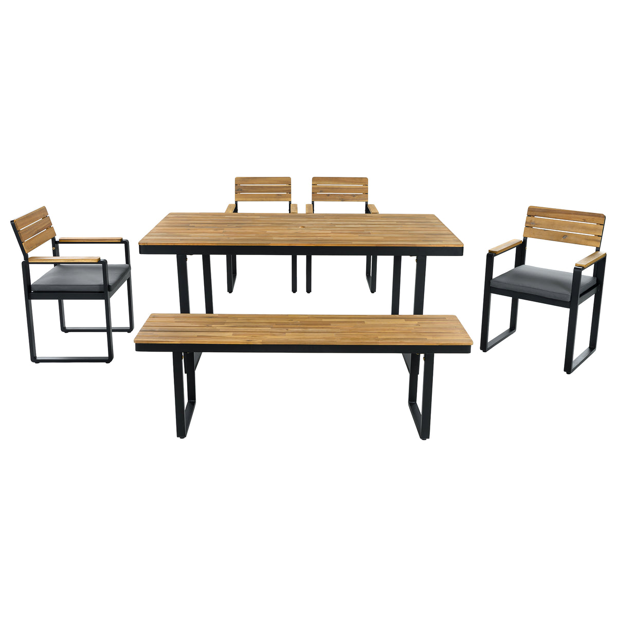 variant-group:rf-n704g201255e|Roomfitters 6-Piece Solid Acacia Wood Patio Dining Set with Steel Frames and Cushion Chairs Gray