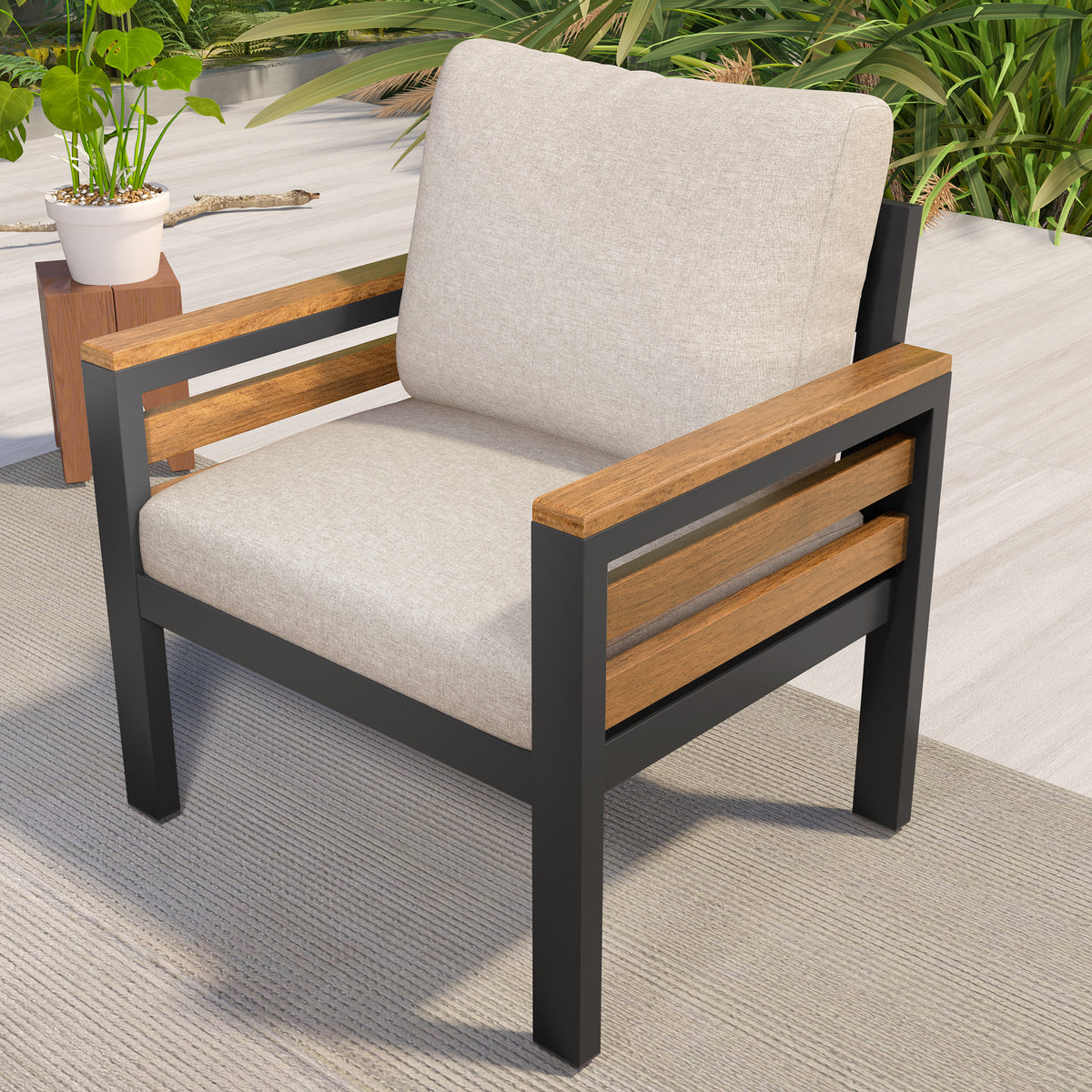 variant-group:rf-n704f201246a|Roomfitters 4-Piece Outdoor Patio Furniture Set with 3-Seater Sofa, 2 Armchairs and Coffee Table, Wood Accents, Beige