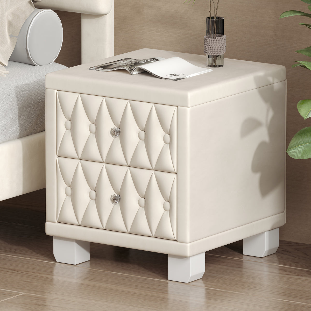 variant-group:rf-n733p210398a|Roomfitters Velvet Nightstand with Crystal Handles, Button-Tufted Upholstered Bedside Table with Two Storage Compartments, Beige