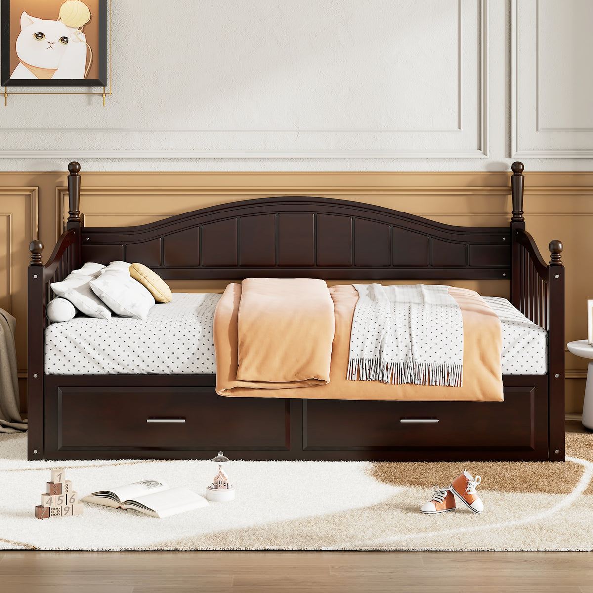 variant-group:rf-n733s173459p|Roomfitters Wooden Twin Size Daybed with Expandable Design, Twin Trundle and Two Practical Storage Drawers, Espresso
