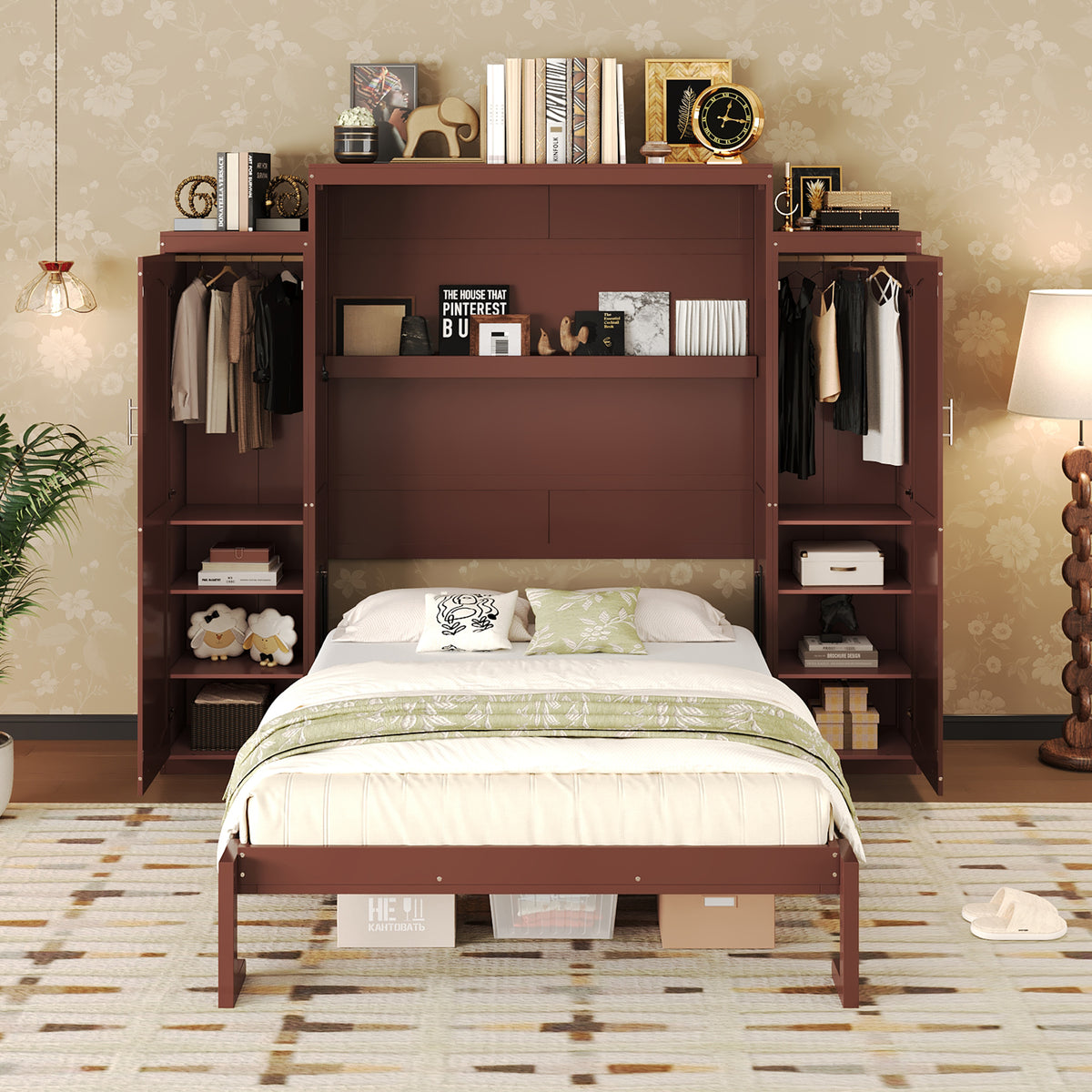 variant-group:rf-n733s235627d|Roomfitters Queen Murphy Wall Bed with Two Wardrobes and Storage Shelf, Foldable Platform Bed Frame for Guest Room, Walnut