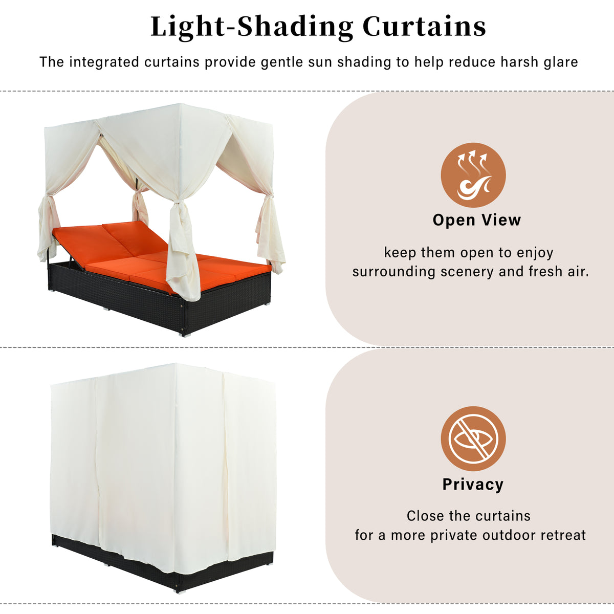 variant-group:rf-n711wy000476aao|Roomfitters Luxury Cabana Vibrant Orange Outdoor Double Chaise Lounge Patio Daybed, Curtains, Adjustable Reclining