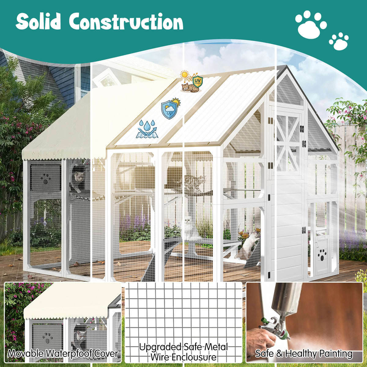 variant-group:rf-n704g201618k|Roomfitters Extra Large Outdoor Catio Cat Enclosure with Cooling PVC Roof and Insulated Boxes White & Gray