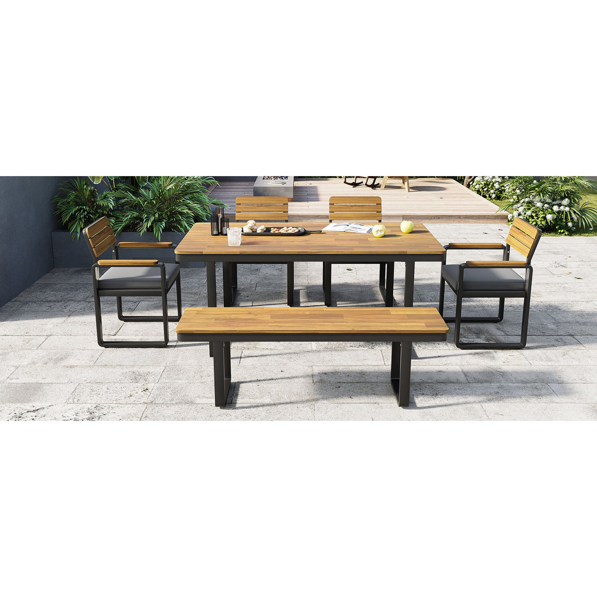 variant-group:rf-n704g201255e|Roomfitters 6-Piece Solid Acacia Wood Patio Dining Set with Steel Frames and Cushion Chairs Gray
