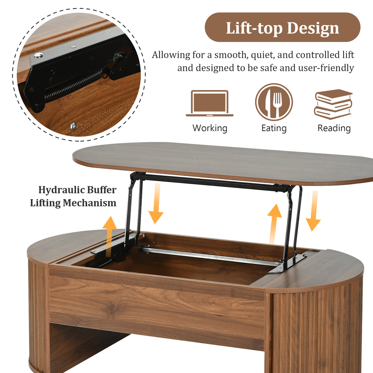 variant-group:rf-n724p308481d|Roomfitters Oval Lift-Top Coffee Table with Hidden Compartment, Wooden Center Table with Storage, Modern Design, Brown