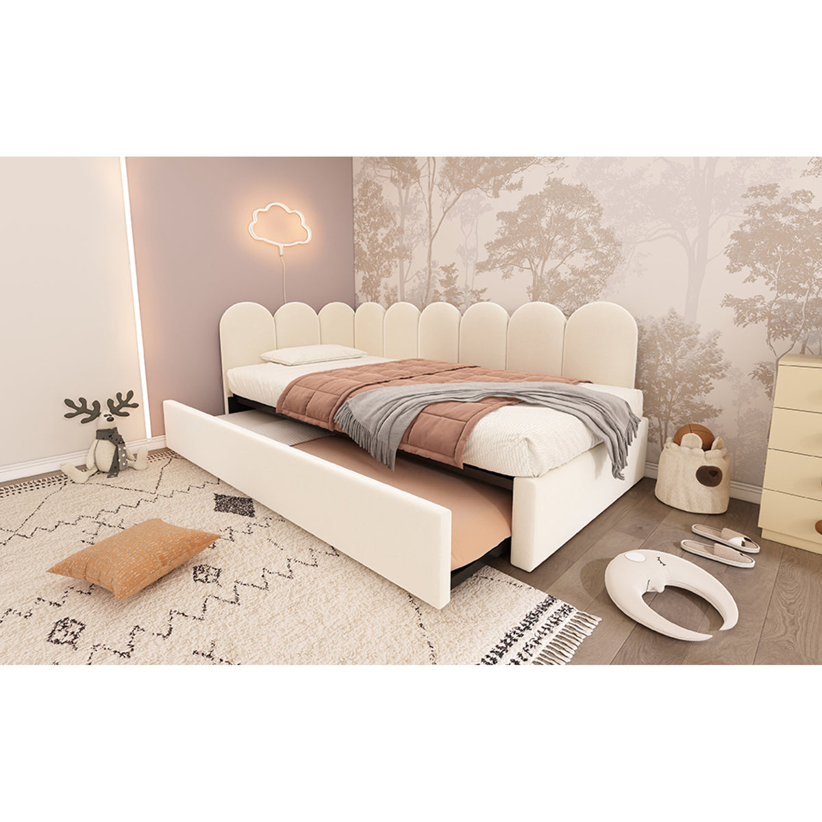 variant-group:rf-n736aa20362122b|Roomfitters Velvet Upholstered Twin Daybed with Pull Out Trundle, Sofa Bed with Metal Slat Frame, Beige