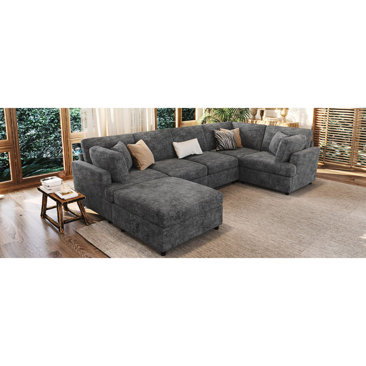 Roomfitters 127" U-Shaped Sectional Sofa, Modern Modular L-Shaped Couch with Movable Ottoman for Living Room, Grey Roomfitters
