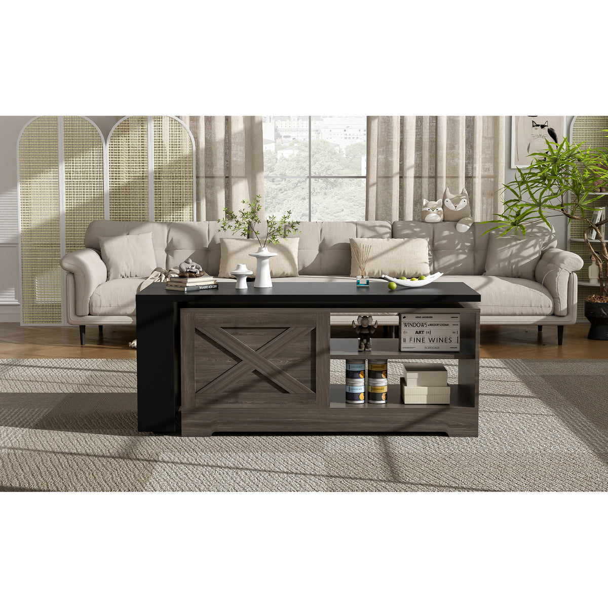 variant-group:rf-n724p351732e|Roomfitters Farmhouse Lift Top Coffee Table with Barn Doors and Outlets, Brown & Black
