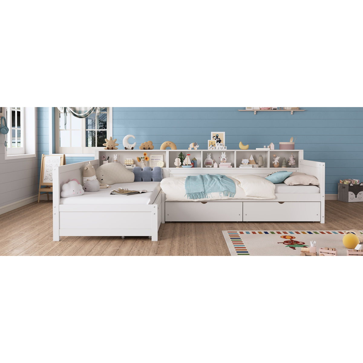 variant-group:rf-n733s369272k|Roomfitters Twin L-Shaped Daybed for 2 with 3 Storage Drawers, Wooden Corner Bed Frame with Bookshelf for Bedroom, White