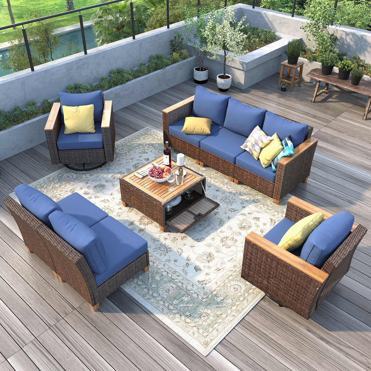 variant-group:rf-n707s005016e|Roomfitters 8-Piece Patio Furniture Set with 360 Swivel Rocker Chairs, Modular Outdoor Sectional Sofa & Table, Blue+Brown