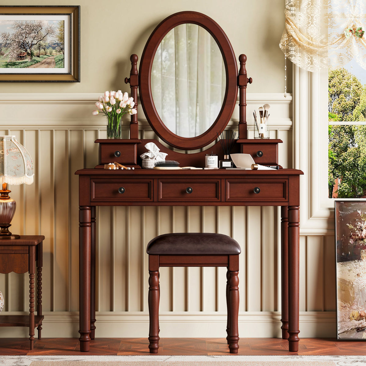 Roomfitters Vintage Vanity Desk with Adjustable Mirror, Makeup Table and Cushioned Stool Set, Wooden Dressing Table with 5 Drawers and Velvet Lining, Walnut