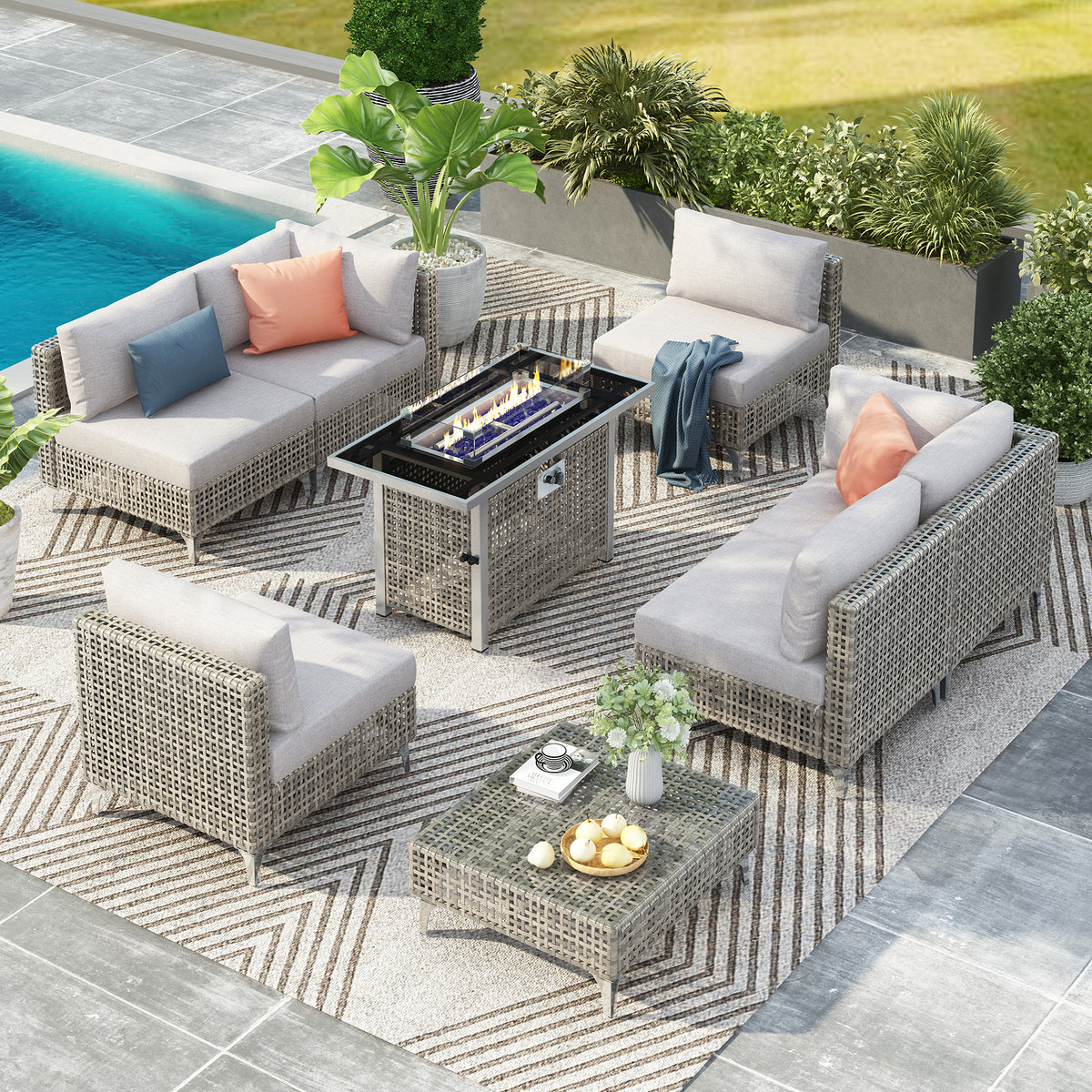 variant-group:rf-n707s000012g|Roomfitters 8-Piece Patio Furniture Set with 43" Fire Pit Table, Outdoor Conversation Set with Thick Cushions, Grey