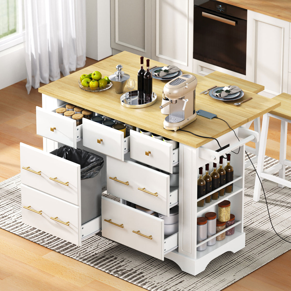 variant-group:rf-n707s307292w|Roomfitters 51" Kitchen Island with Power Outlet and Drop Leaf, Rolling Cabinet with Pull-Out Trash Can Drawer, White