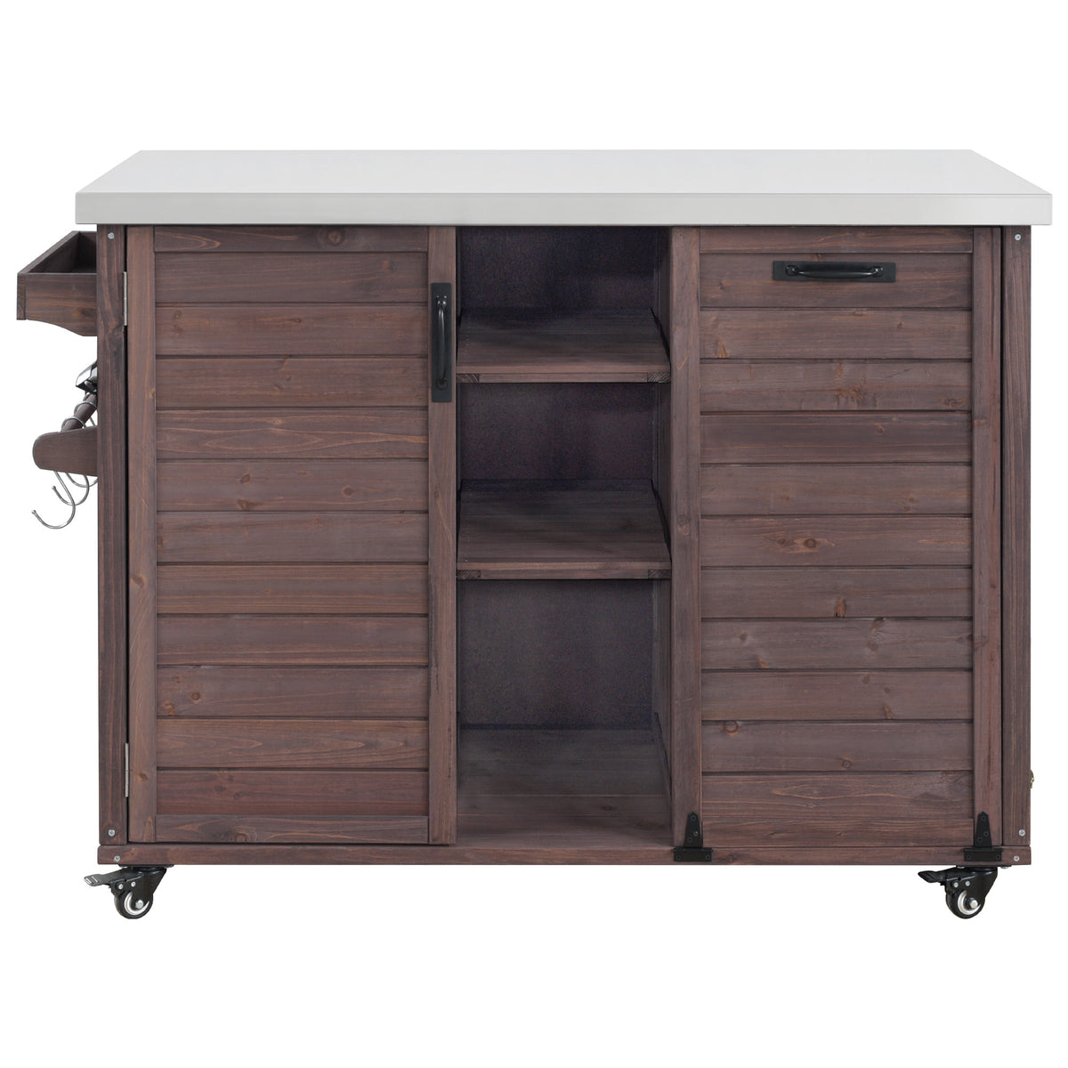 variant-group:rf-n707p370276z|Roomfitters 78.3" Outdoor Kitchen Island with Foldable Grill Table, Stainless Steel Top & Tilt Trash Can Storage, Dark Brown