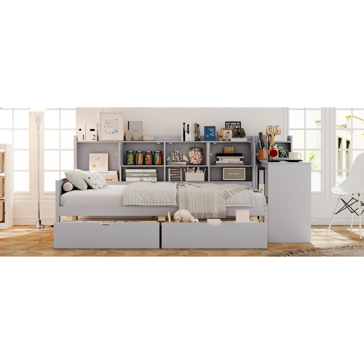 Roomfitters Wooden L-Shape Daybed with Storage Cabinets, Study Desk, Built-In Bookshelf, Space-Saving Platform Bed, Gray