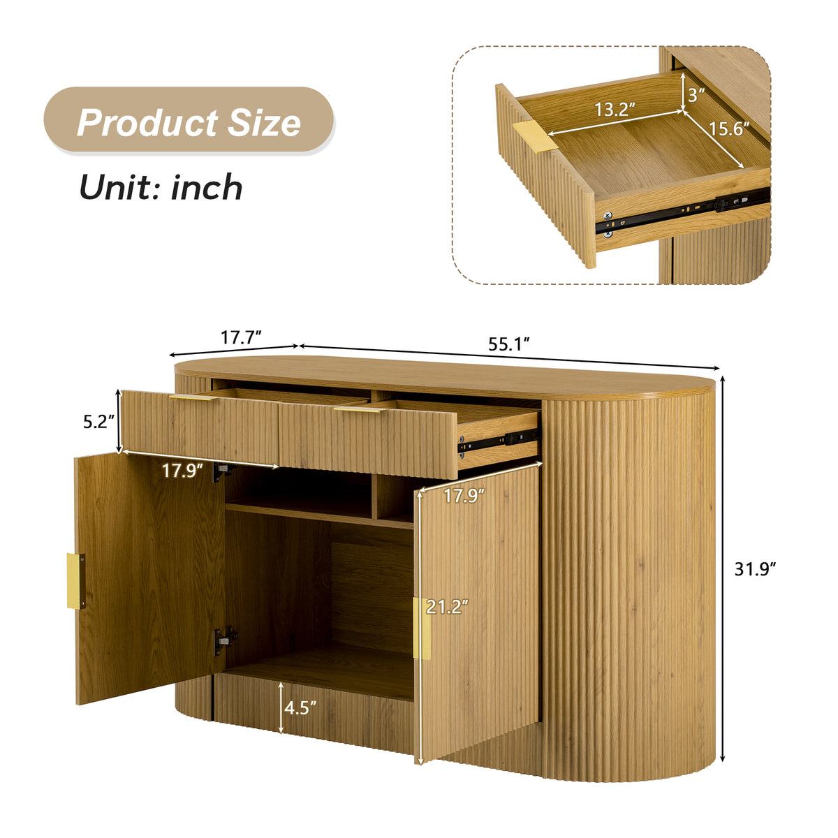 variant-group:rf-n711p345168o|Roomfitters 55.1" Oval Sideboard Buffet Cabinet with 2 Drawers & Wine Rack, Mid-century Modern Fluted Accent for Dining, Natural