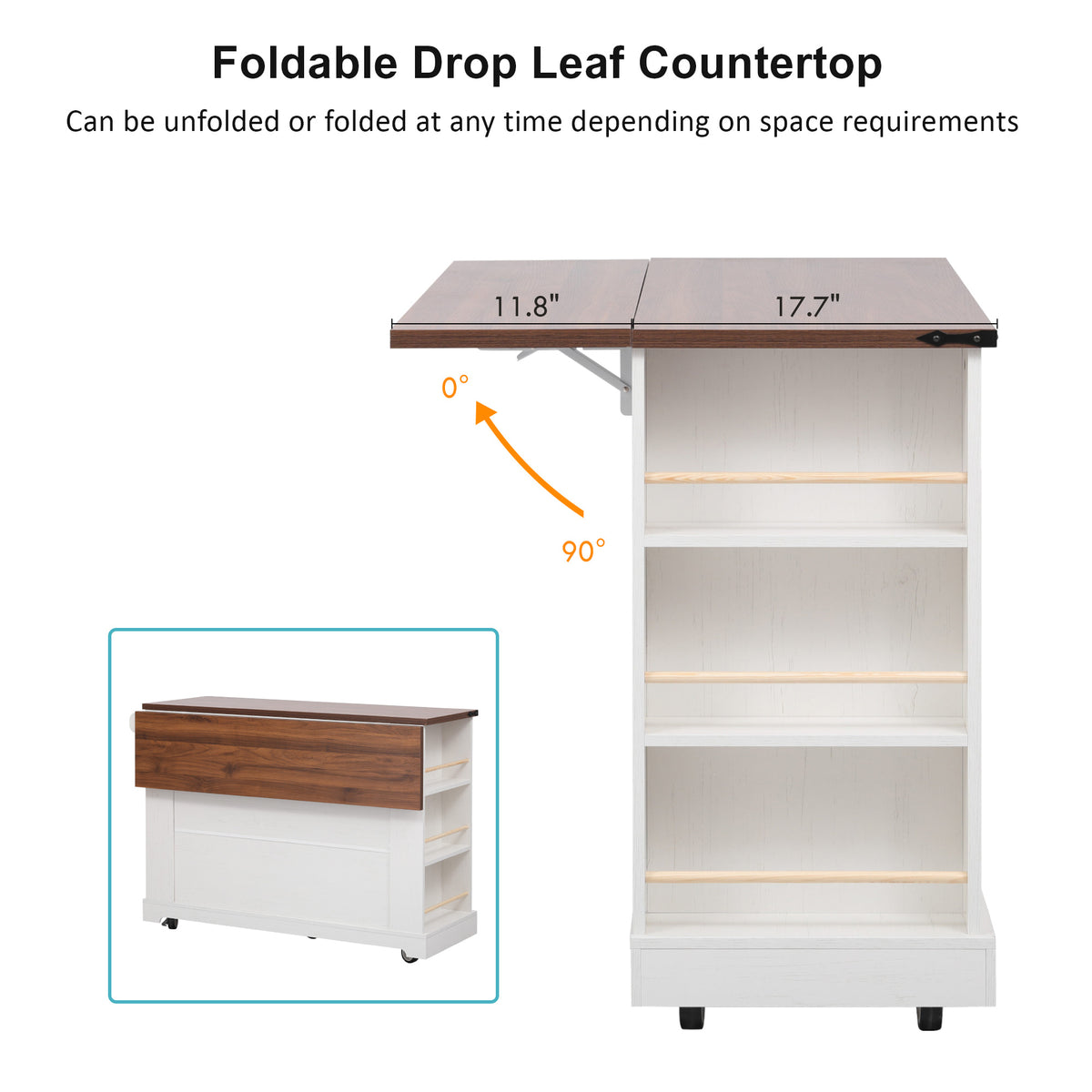 variant-group:rf-n707p263637w|Roomfitters 53" Rolling Kitchen Island with Drop Leaf, Mobile Cart with Glass Doors, 5 Side Shelves & Power Outlets, White