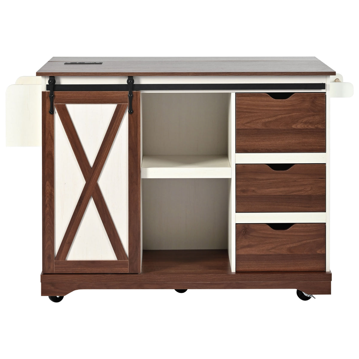variant-group:rf-n707p288229w|Roomfitters 55.5" Rolling Kitchen Island with Drop Leaf, Mobile Kitchen Storage Cart with Sliding Barn Door, Power Outlets, White