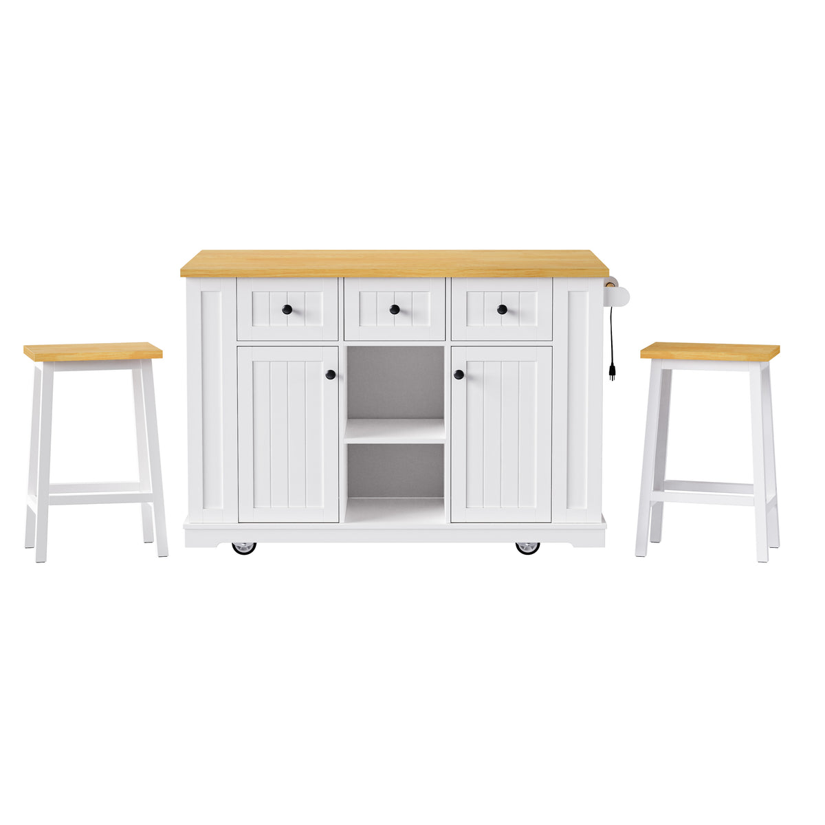 variant-group:rf-n707s003007w|Roomfitters 53" Kitchen Island with 2 Bar Stools, Drop Leaf, Power Outlet, Rolling Kitchen Cart Set with Storage, White