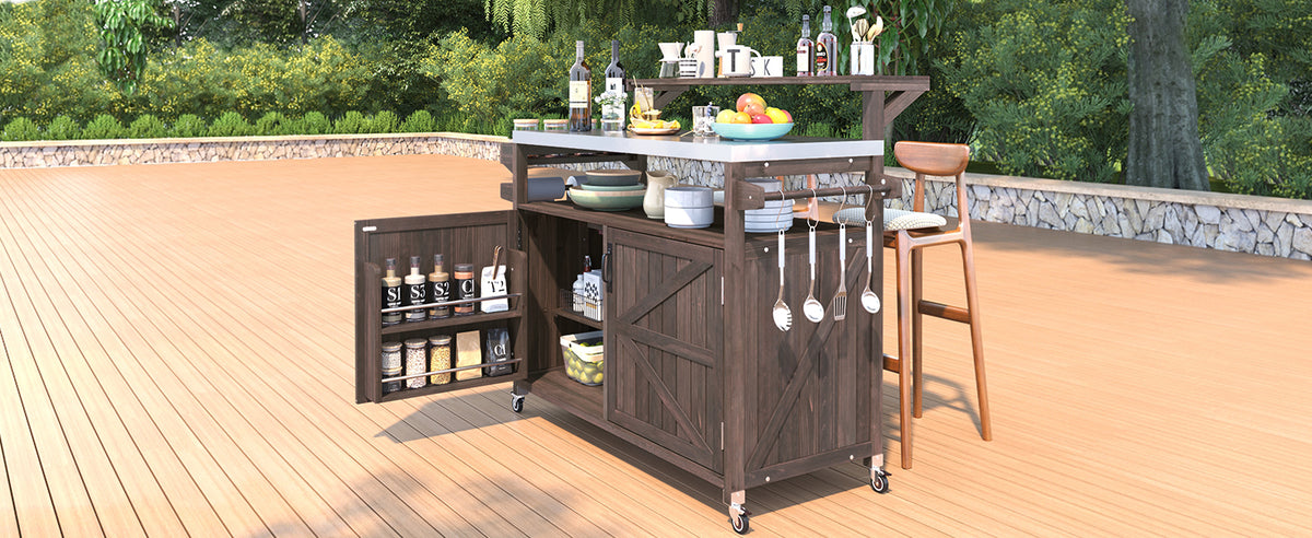 variant-group:rf-n707p250628z|Roomfitters 53.3" Outdoor Kitchen Island with Raised Shelf, Wood Storage Cabinet, Stainless Steel Top, Rolling Grill Cart, Brown
