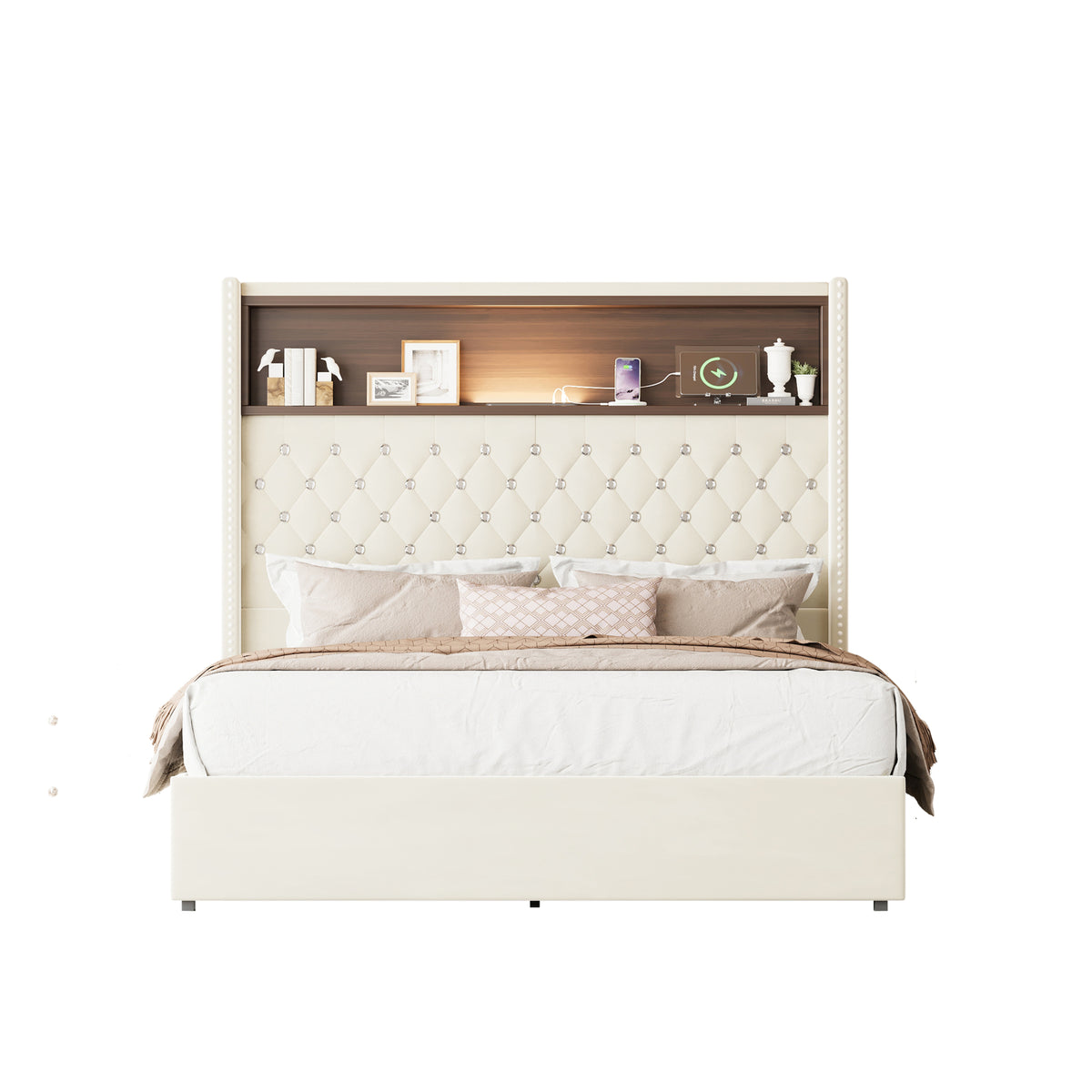 variant-group:rf-n733p368653a|Roomfitters Full Velvet Tufted Platform Bed with Charging Ports, Tall Wingback Headboard with Rivet Trim and Shelf, Beige