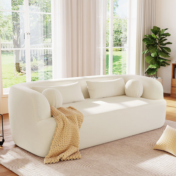 Roomfitters 86 Inch Modern Curvy Sofa, 3-Seater Rounded Upholstered Couch with Plush Throw Pillows for Living Room