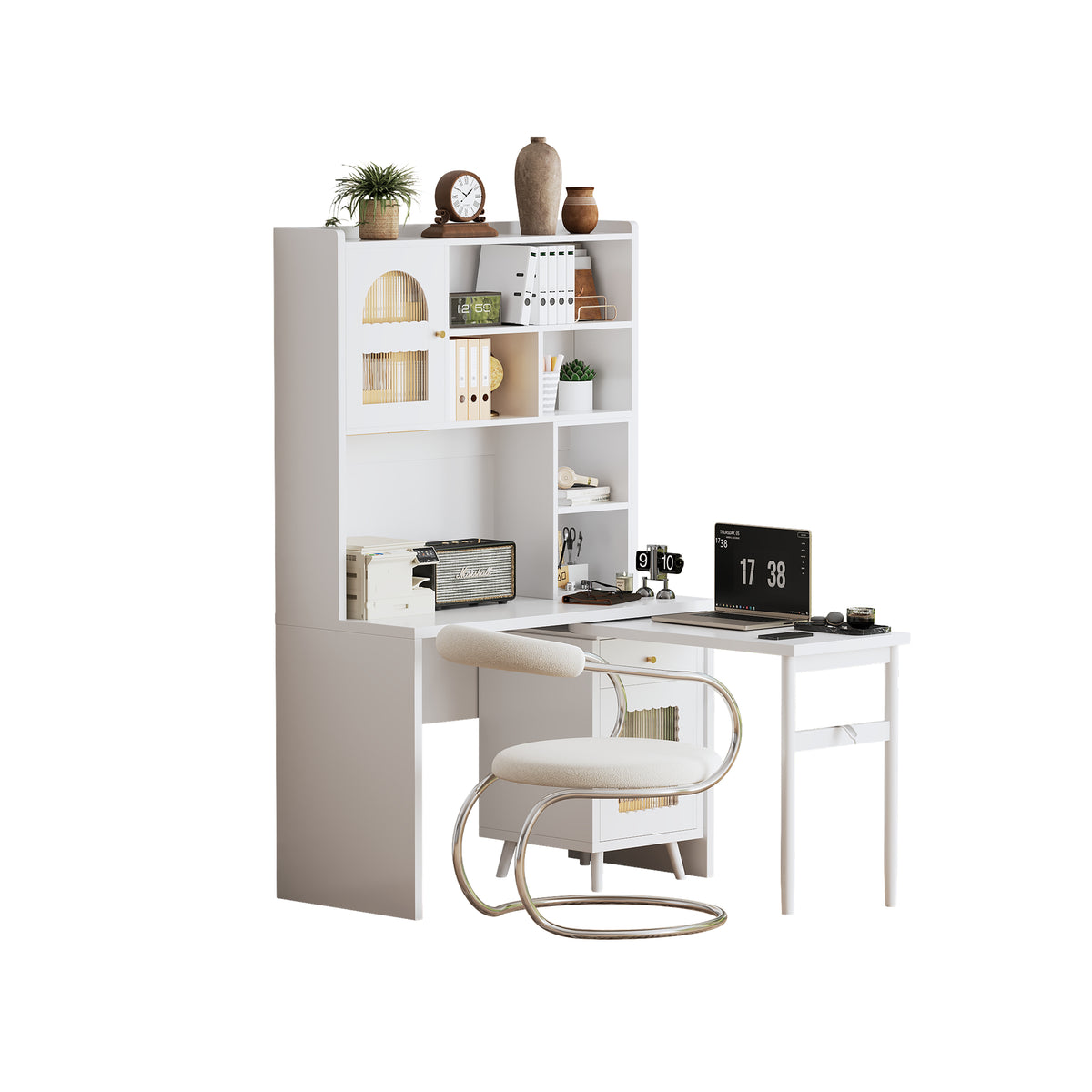 variant-group:rf-n733s363716k|Roomfitters Rotating L-Shaped Computer Desk with Shelves and Storage, 90° Swivel Office Writing Desk, White