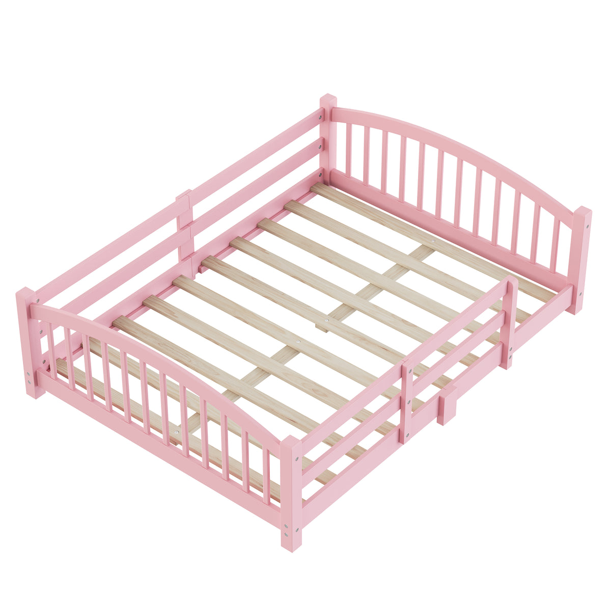 variant-group:rf-n733p400299h|Roomfitters Full Montessori Floor Bed with Guardrails, Solid Wood Low Platform Bed with Slats, Easy Assembly, Pink