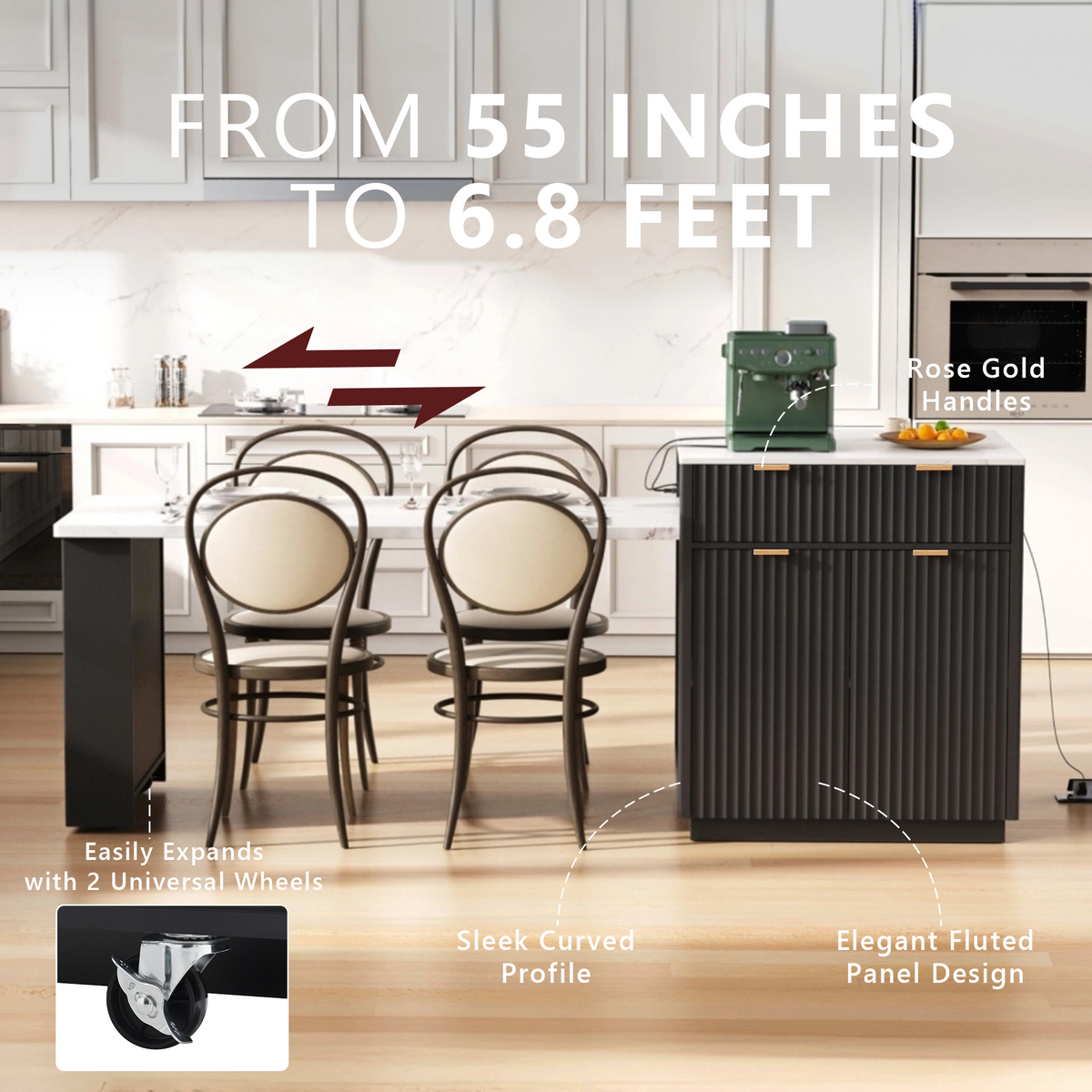variant-group:rf-n707s000018b|Roomfitters 82.6" Fluted Kitchen Island with 51" Extendable Dining Table for 4-6, Power Outlet, Black