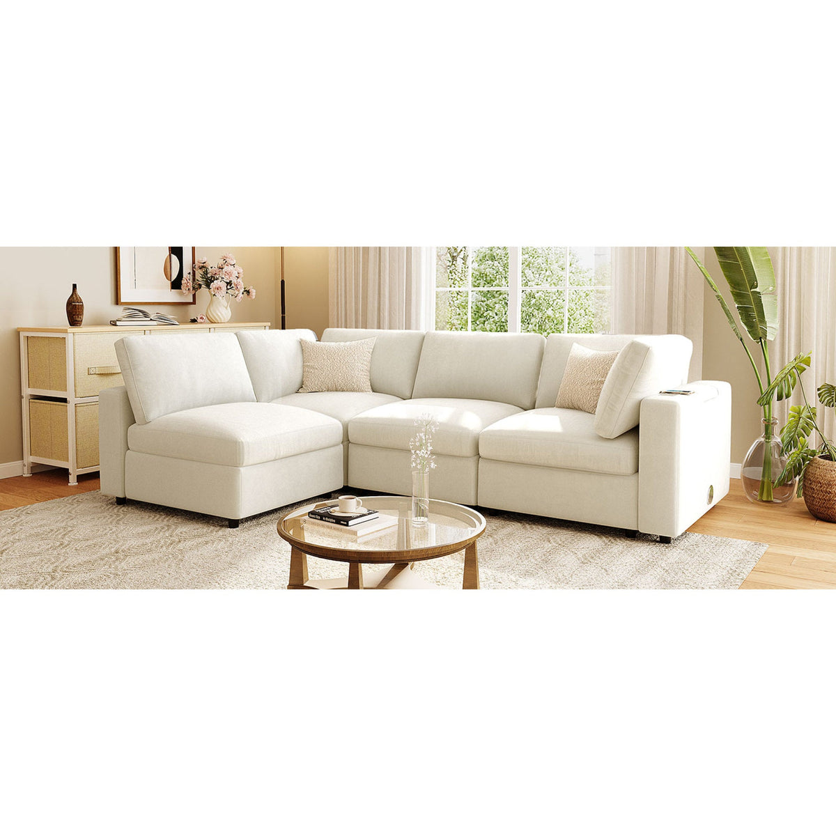 Roomfitters 133.5" Upholstered Modular Sectional Sofa with Storage Space and Built-in USB Charging for Living Room, Beige Roomfitters
