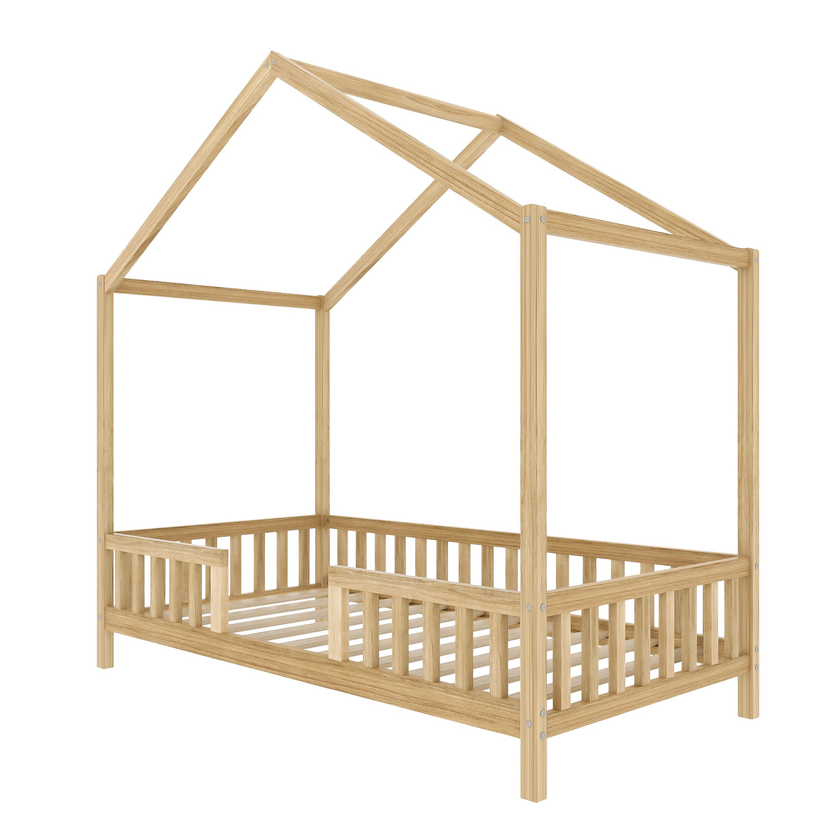 variant-group:rf-n733p356043m|Roomfitters Twin Montessori Floor Bed with Canopy, House Shape Wood Frame with Safety Rails, Youth Platform Bed, Natural
