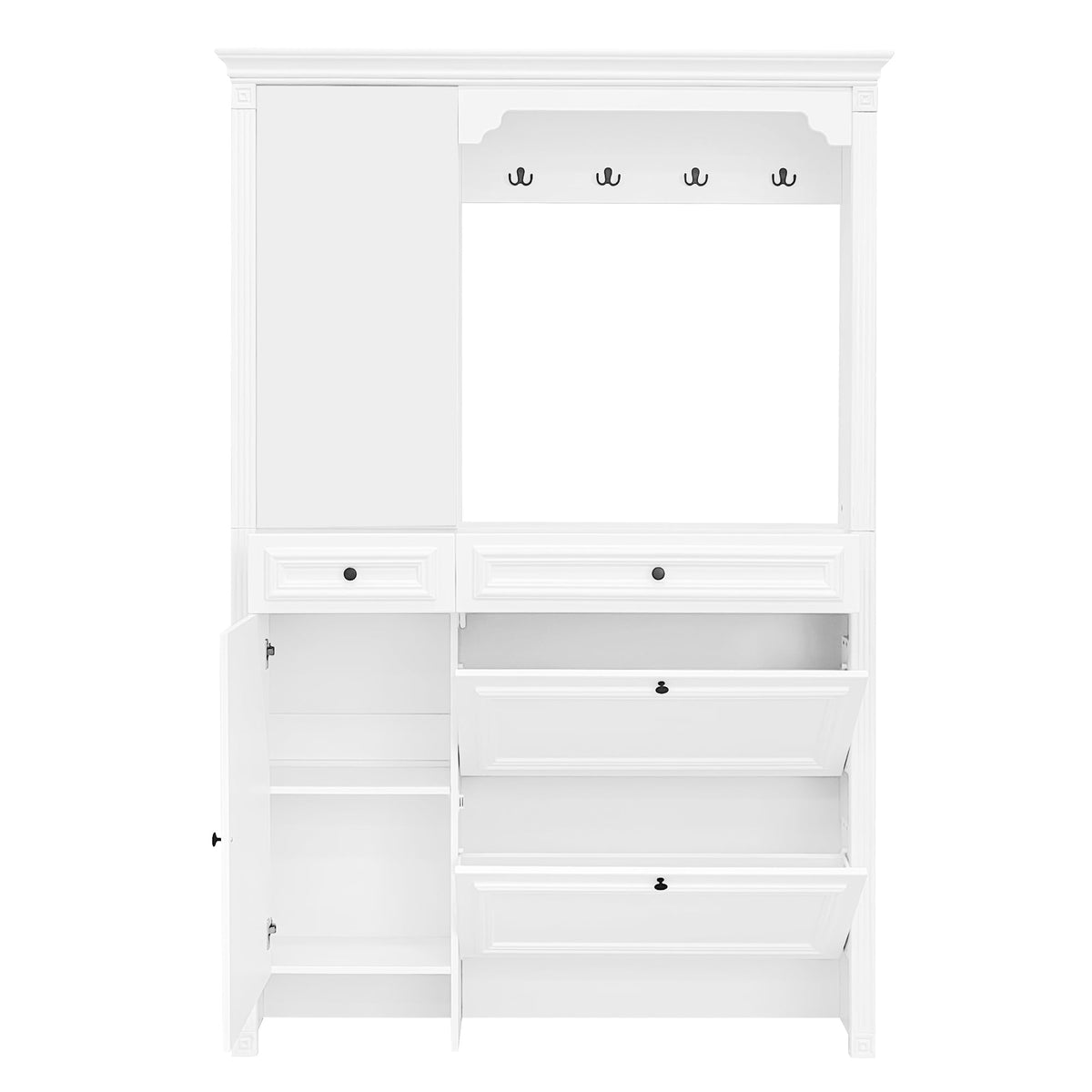 Roomfitters Hall Tree with Shoe Cabinet and Mirrored Door, 4 Hooks and Bench Storage Organizer, White Roomfitters